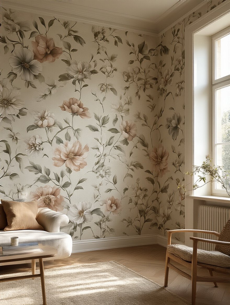 A stunning living room accent wall with seamless floral wallpaper pattern