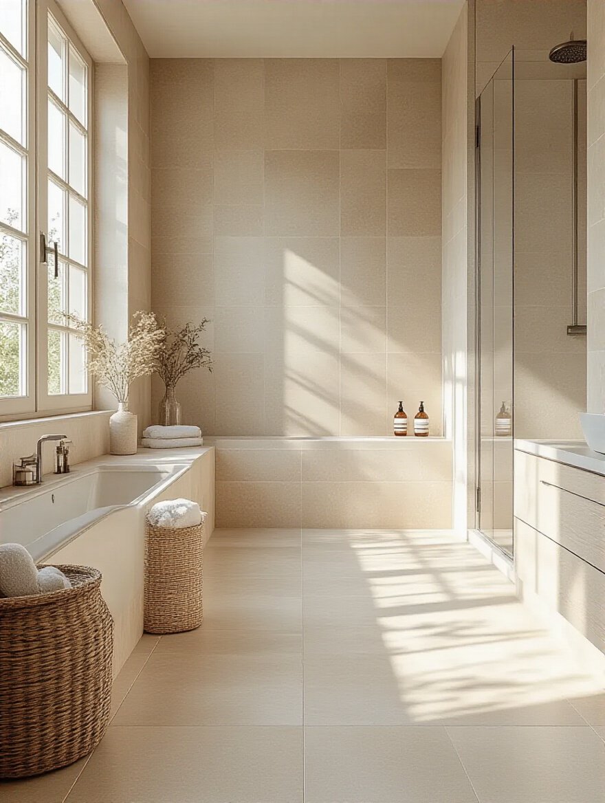 A tranquil bathroom featuring consistent tile finishes in soft natural lighting.