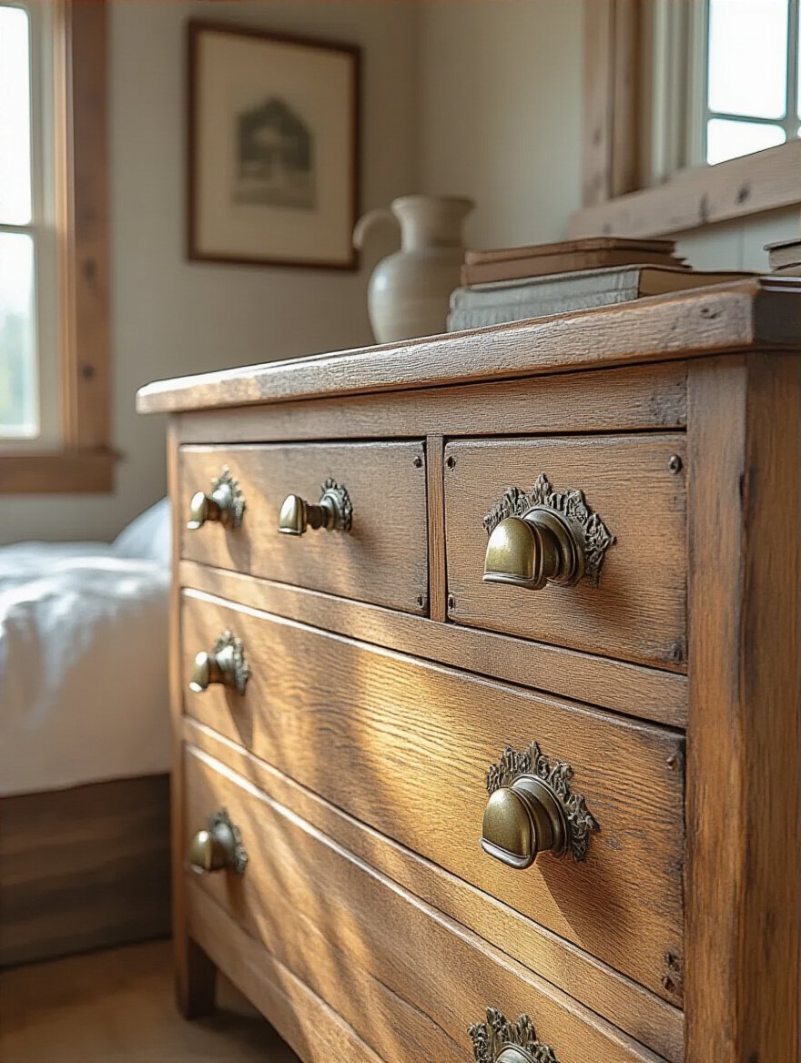 Close-up portrait of vintage wooden dresser with antique brass and iron hardware in a cozy farmhouse bedroom setting
