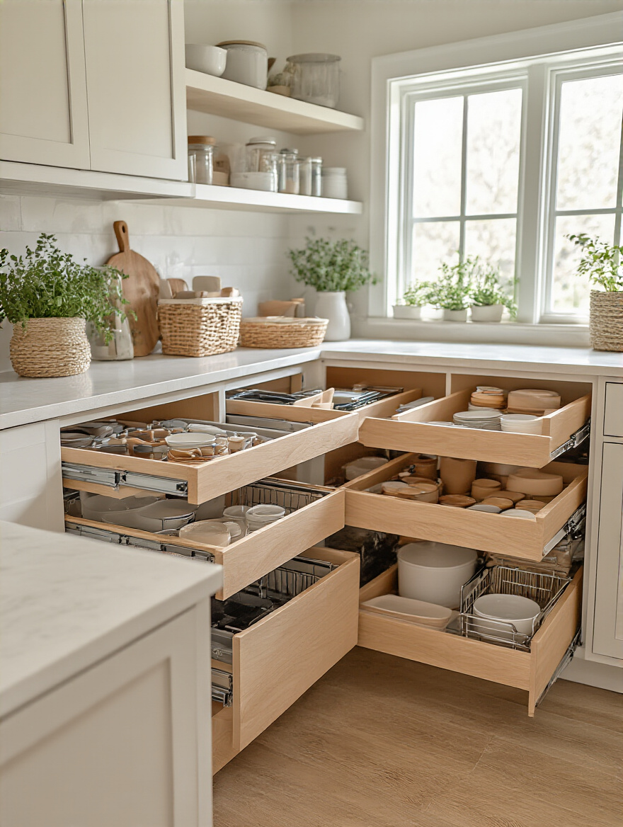 Organized kitchen cabinet with interior organizers, tiered shelves, and pull-out drawers.