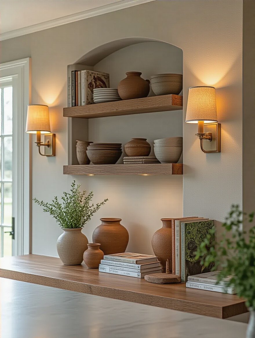 Modern kitchen wall with statement wall sconces highlighting decorative pottery and books on open shelves