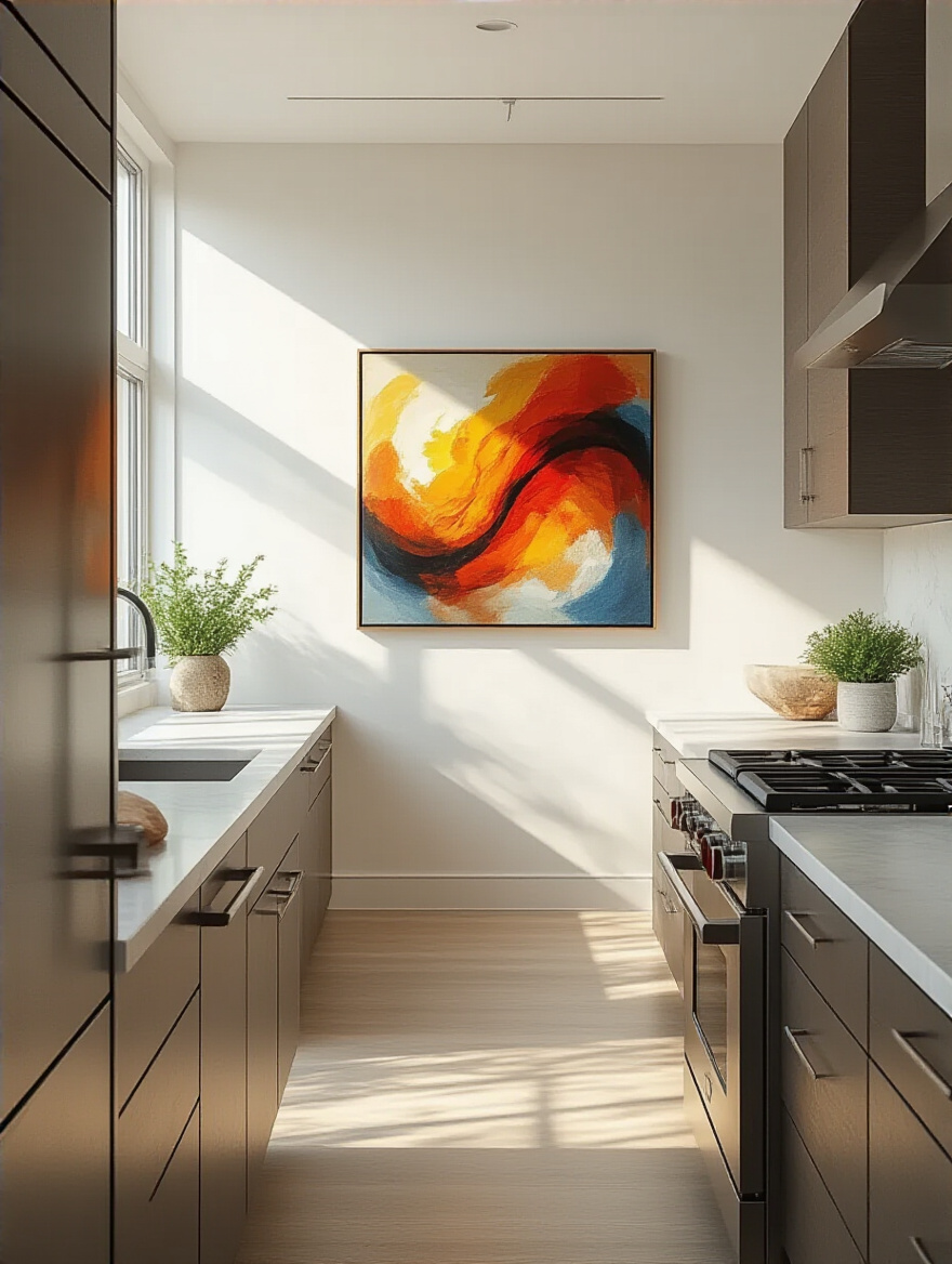 Modern kitchen with abstract artwork on the wall
