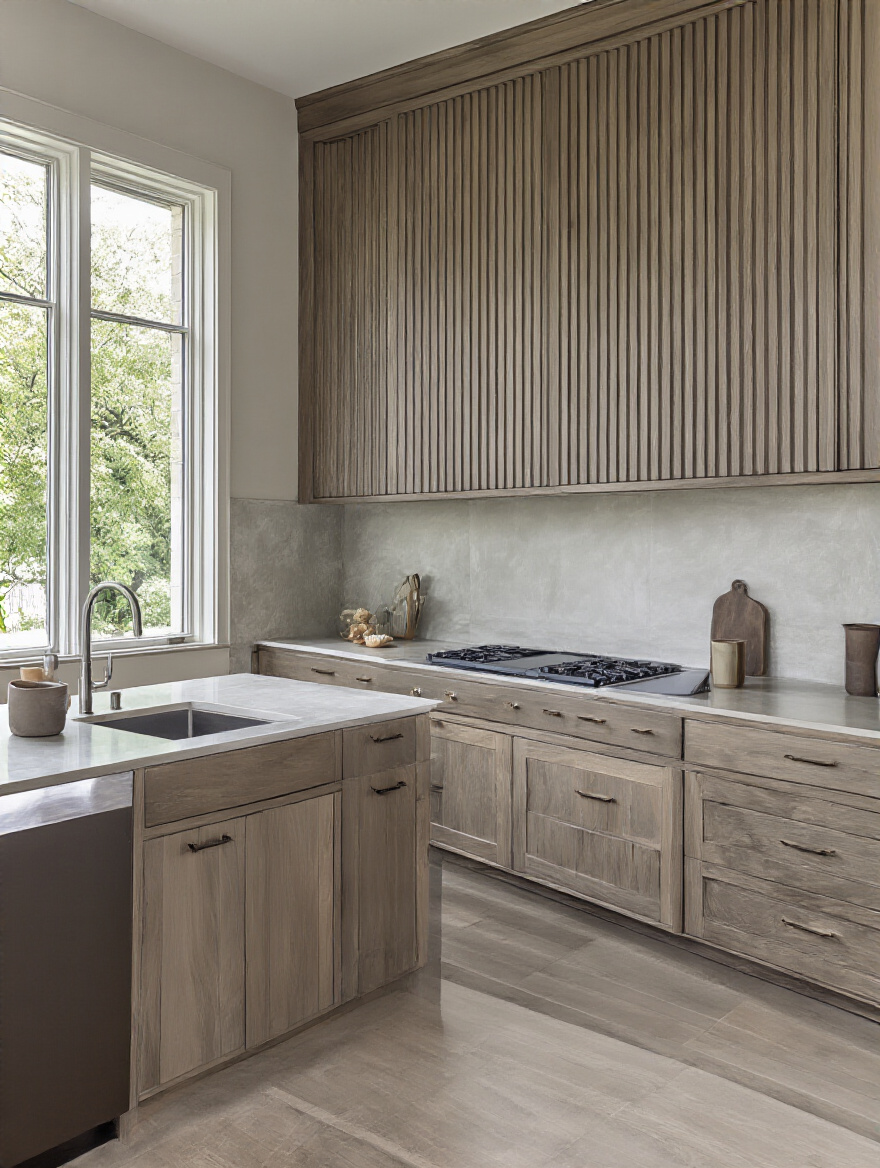Contemporary kitchen with matte dark lacquered base cabinets, fluted natural wood upper cabinets, and polished stainless steel countertop showcasing textured surfaces and contrasting finishes