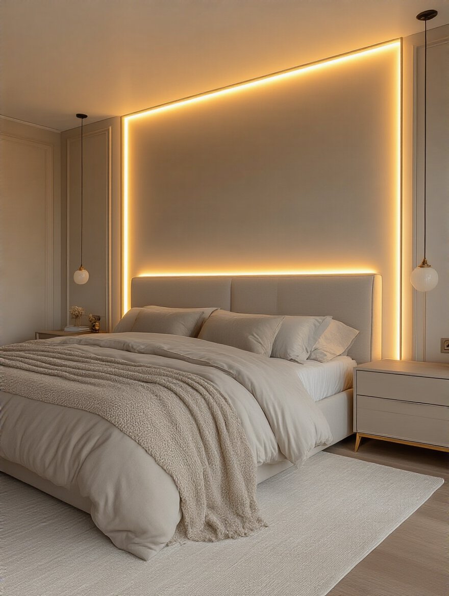 Luxury bedroom with soft, warm indirect accent lighting highlighting floating headboard and textured walls