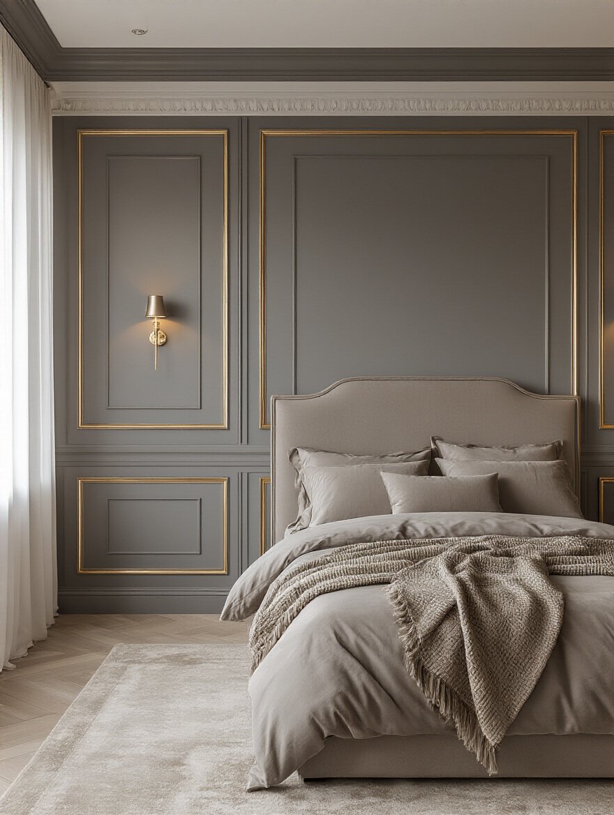 Luxury bedroom featuring sophisticated charcoal grey wall paneling with gold leaf details and elegant architectural design