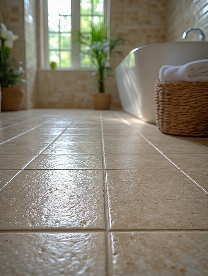 Close-up of a beautifully tiled bathroom floor with clean grout lines, emphasizing the importance of maintenance.