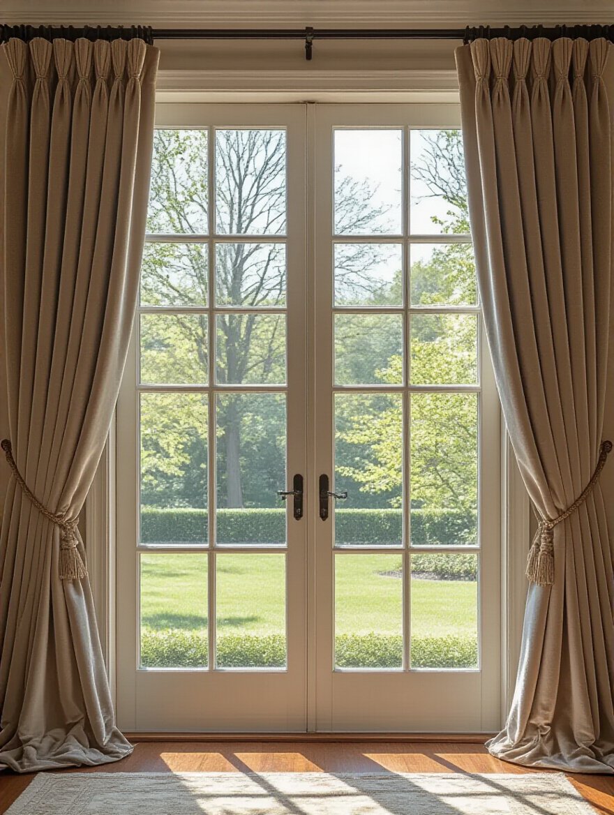 Luxury bedroom window with elegant, light-blocking velvet drapery and blackout lining, showcasing rich texture and fullness