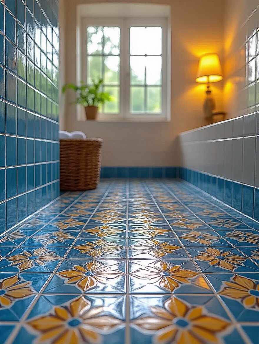 Beautifully tiled bathroom floor with vibrant ceramic tiles and precise grout lines.