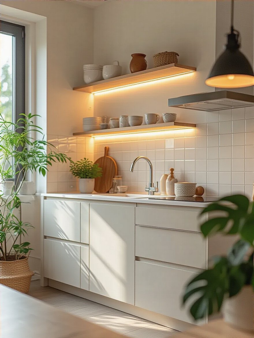 Modern kitchen interior highlighting an optimal wall impact zone with backsplash and floating shelves in a well-lit space