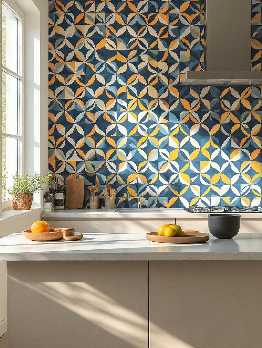 Kitchen accent wall covered with removable peel-and-stick wallpaper in a bold geometric pattern, bright modern kitchen setting