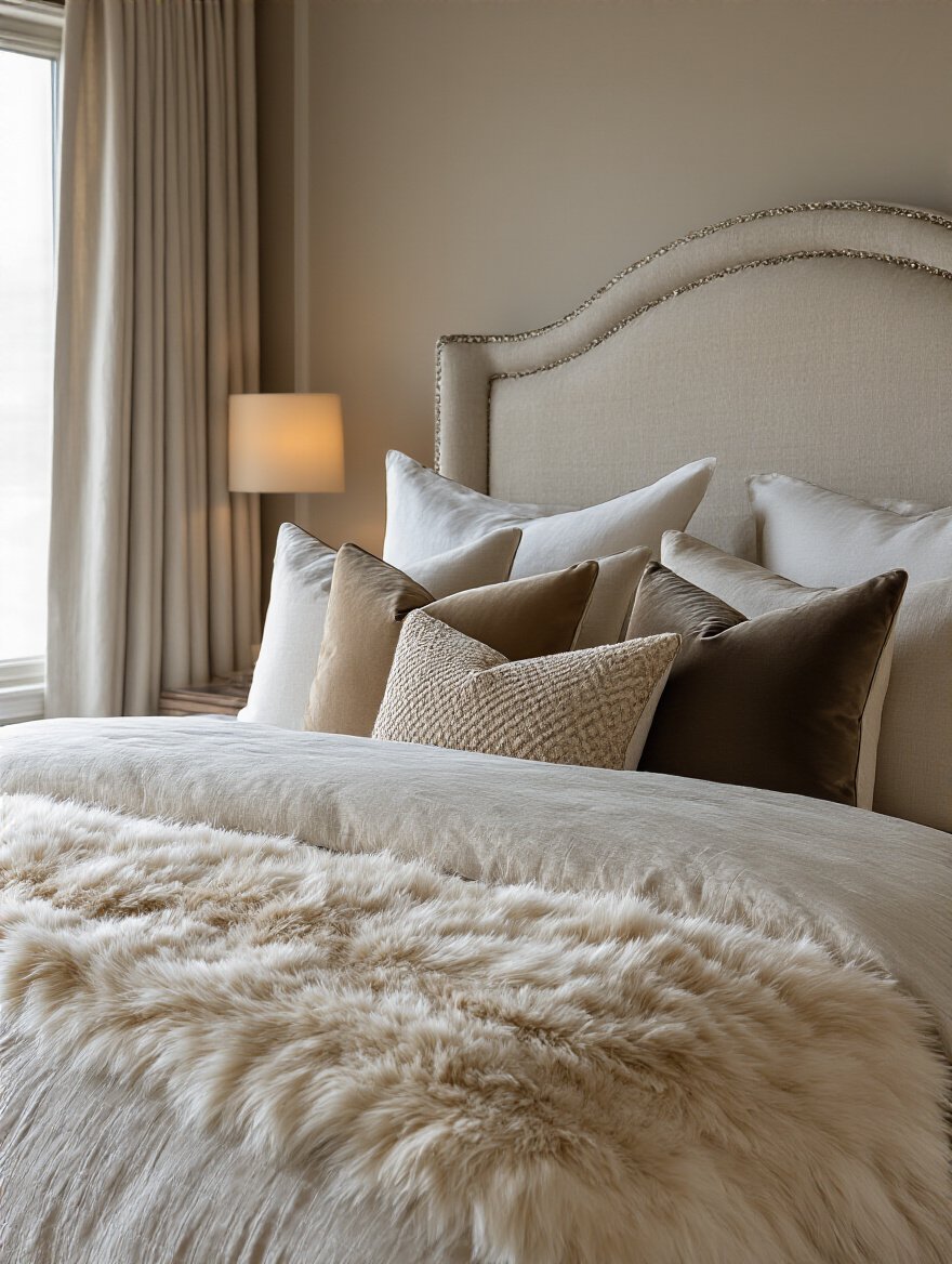 Luxury bedroom bed with artfully arranged bespoke decorative pillows showcasing layered textures and rich fabrics