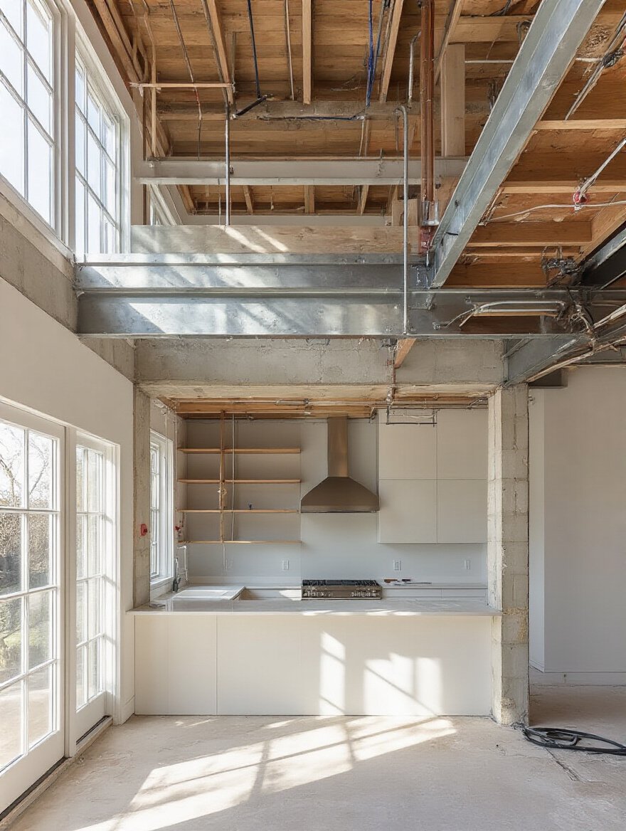 Exposed kitchen structural elements including load-bearing walls and beams under renovation with natural daylight