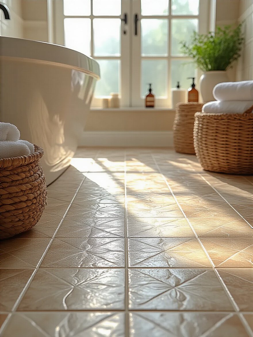 Durable bathroom floor tiles in a well-lit setting, showcasing various textures and colors.