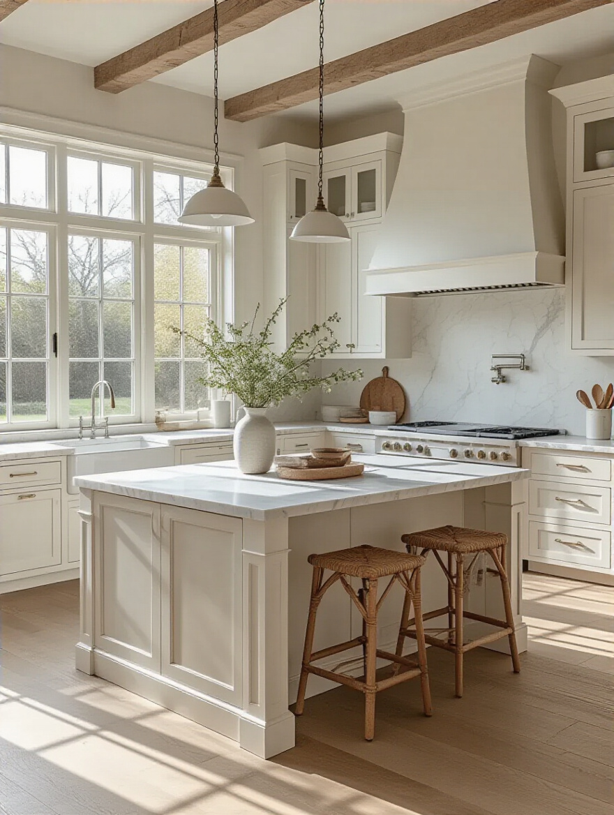 Elegant white kitchen with island showcasing cohesive design aesthetic