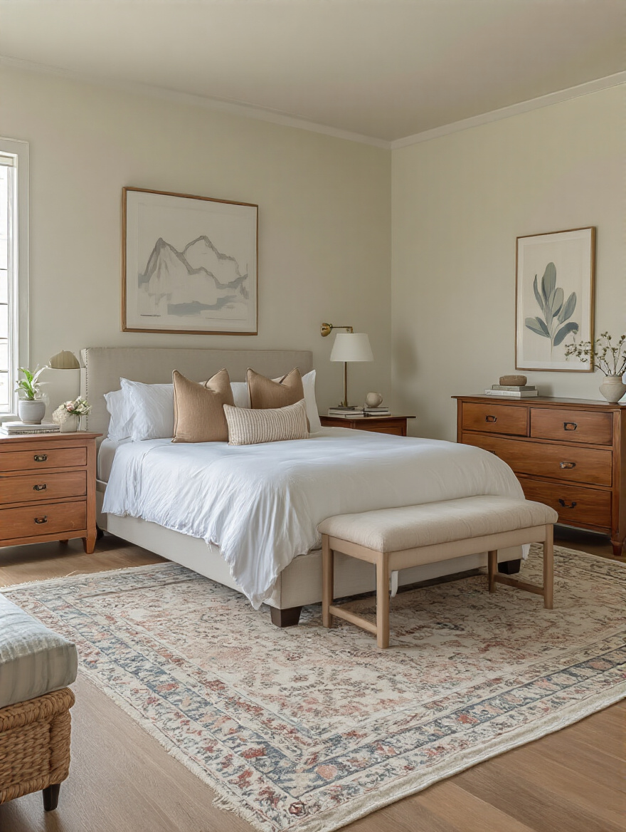 A well-balanced bedroom showcasing optimal furniture scale with room dimensions.