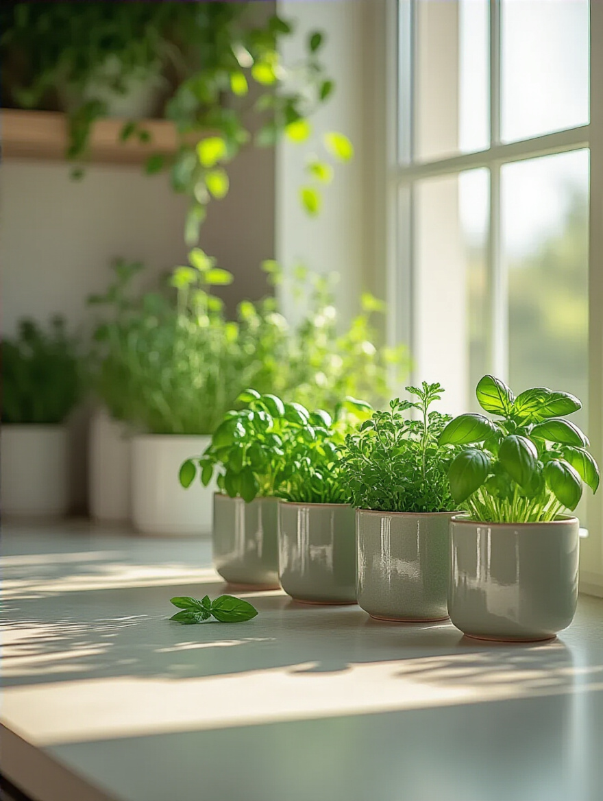 Modern kitchen with minimalist greenery and herbs in ceramic pots on a countertop.