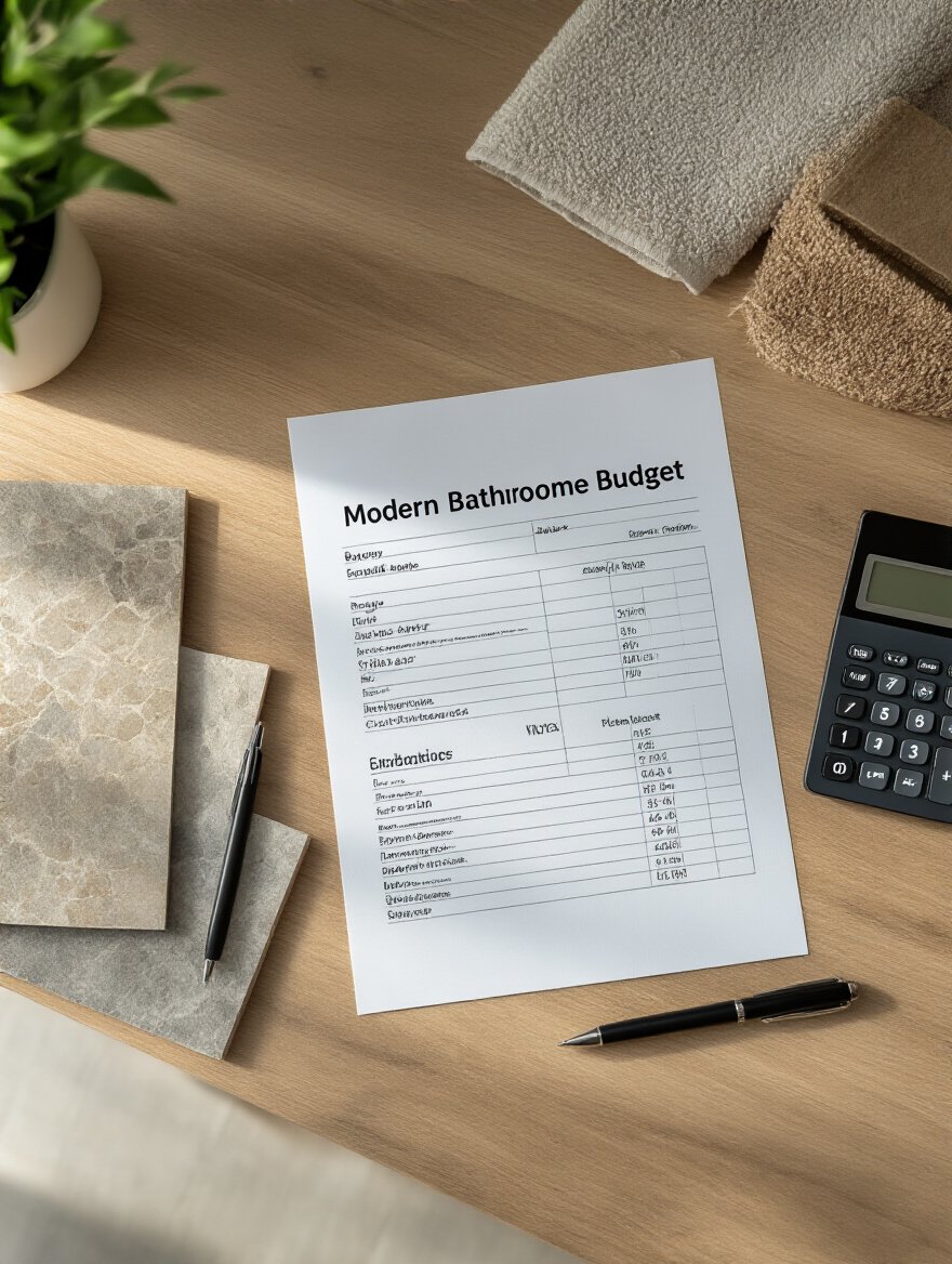 Detailed bathroom flooring budget spreadsheet with calculator and flooring samples on wooden desk