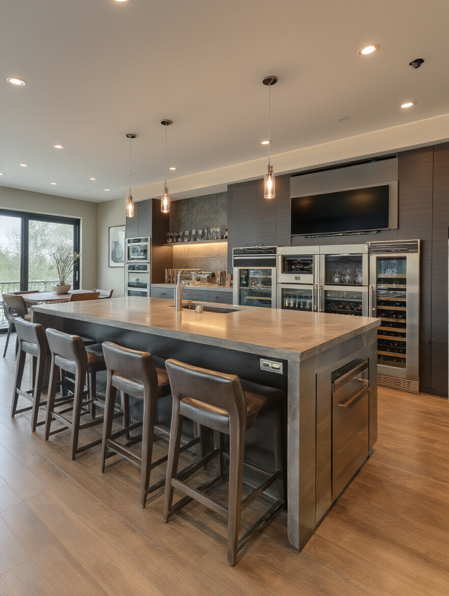 Contemporary kitchen entertainment hub with multi-functional island, wine cooler, and integrated technology for social gatherings