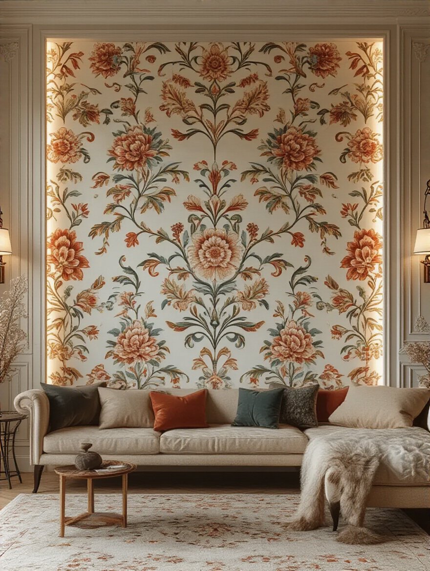 Living room accent wall with intricate floral wallpaper and soft lighting