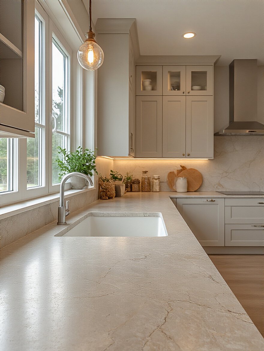 Modern kitchen with durable, low-maintenance engineered quartz countertop in a bright, clean setting