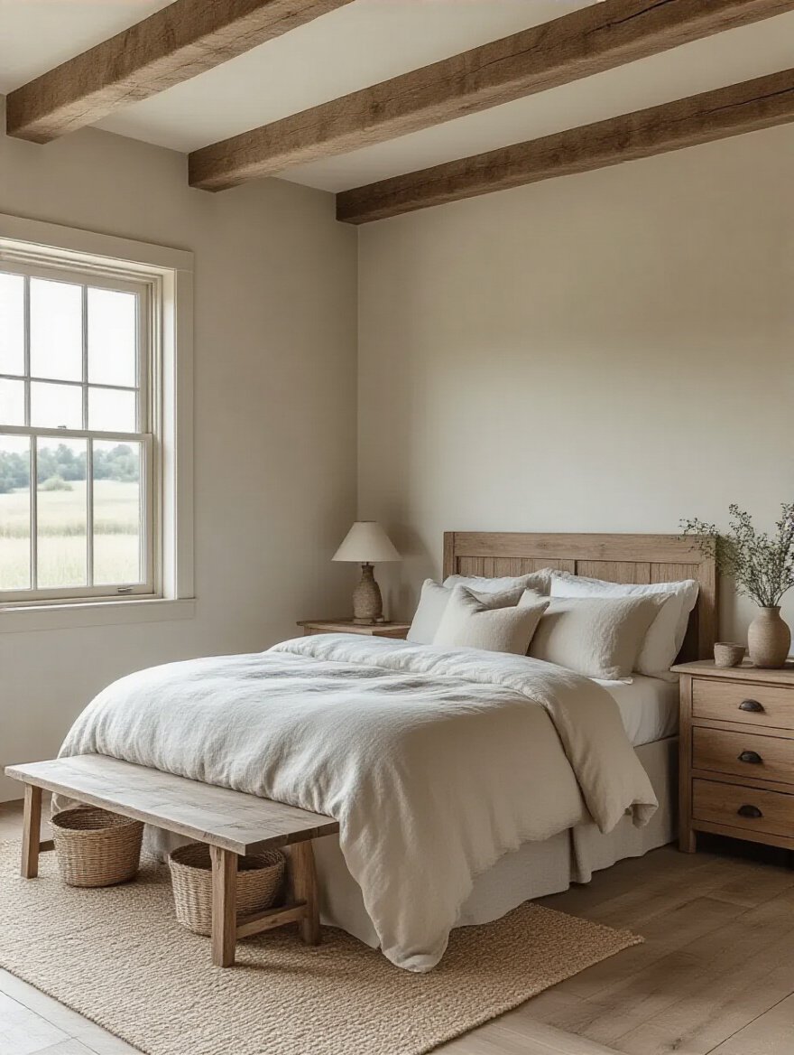 Cozy farmhouse bedroom with matte finish painted walls, natural wood beams, and rustic decor in soft ambient light