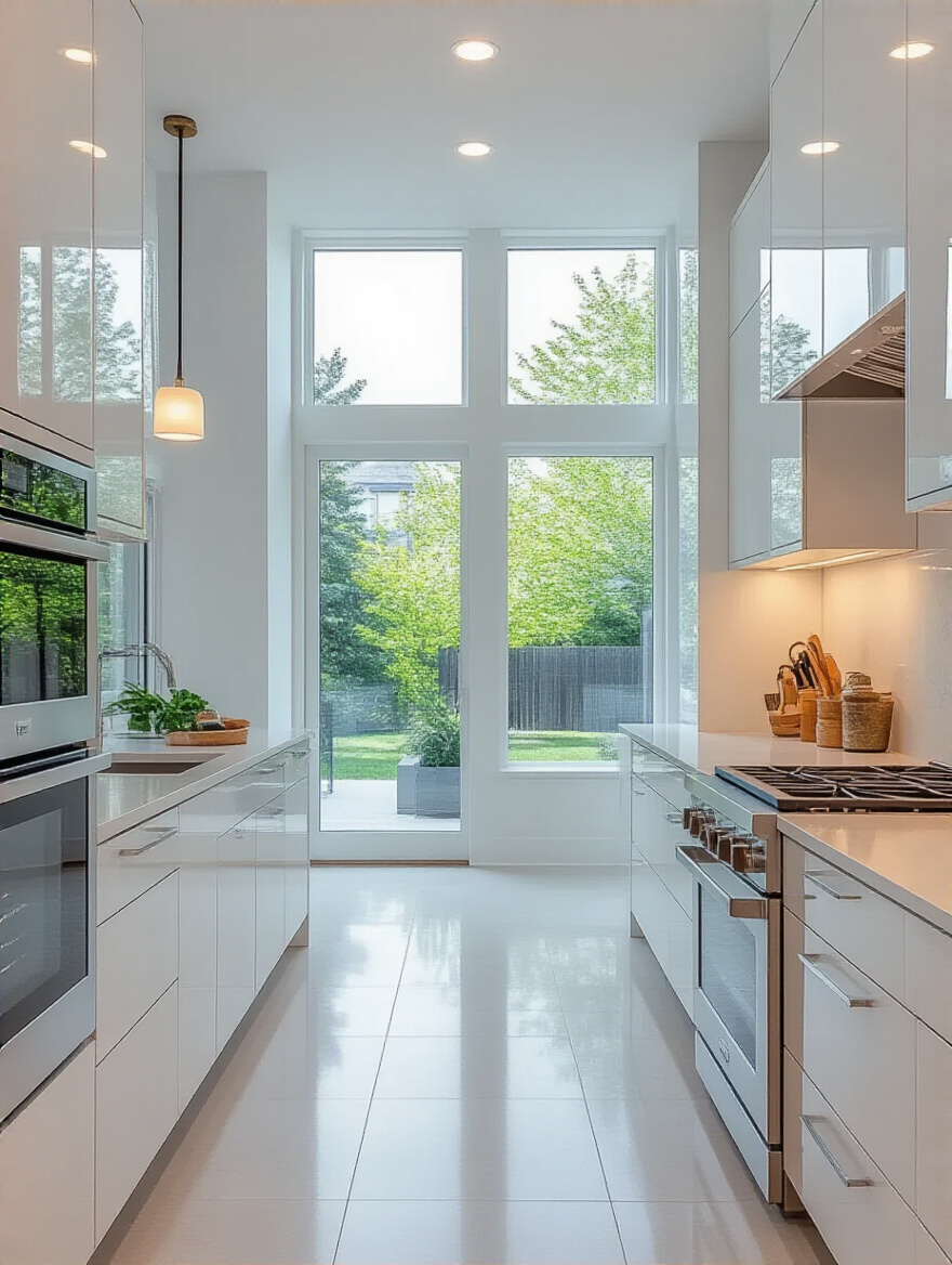 Modern kitchen with sleek flat-panel cabinetry in high-gloss white finish