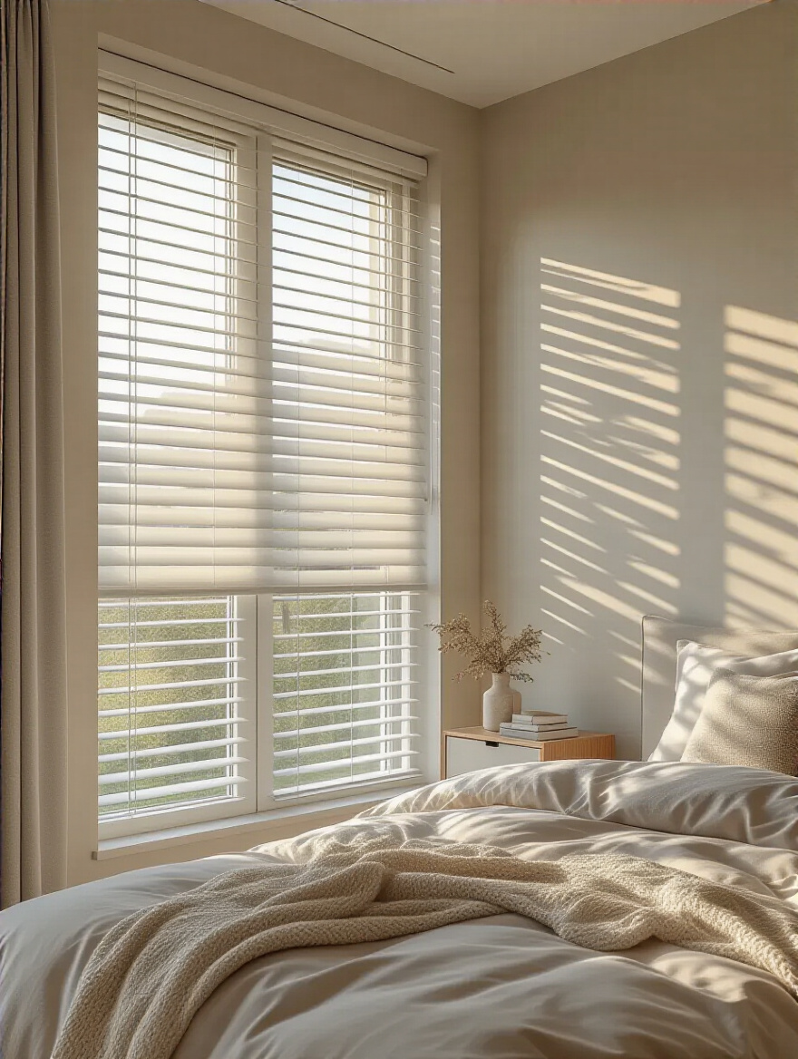 A modern bedroom featuring smart window treatments with motorized blinds.