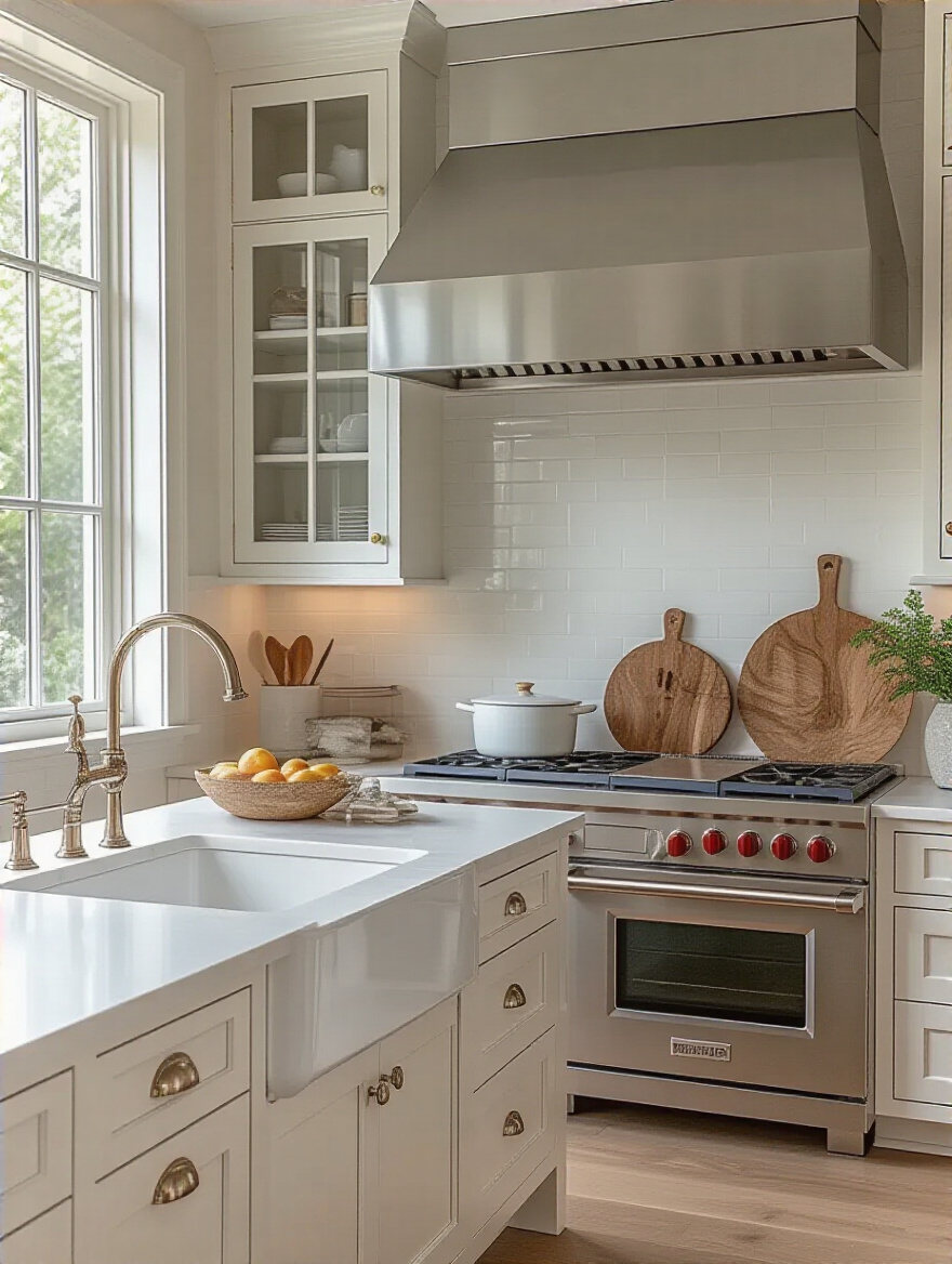 Modern kitchen with elegant statement hardware on white cabinetry