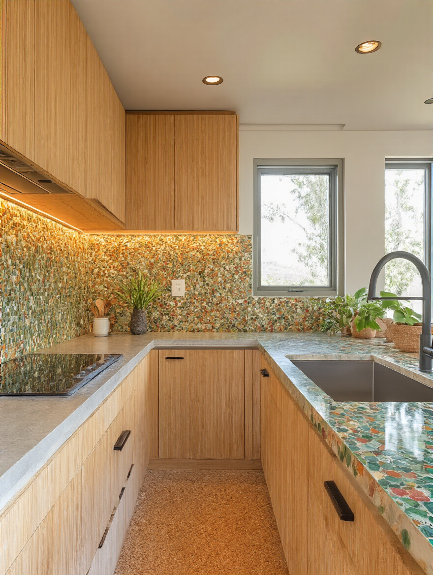 Contemporary kitchen corner featuring sustainable bamboo cabinetry, recycled glass countertops, and cork flooring under natural and ambient lighting