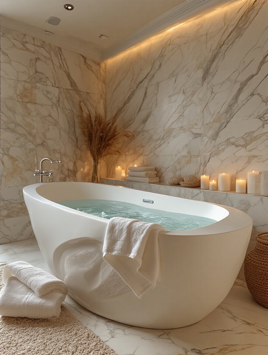 Luxurious freestanding sculptural bathtub in a modern bathroom setting