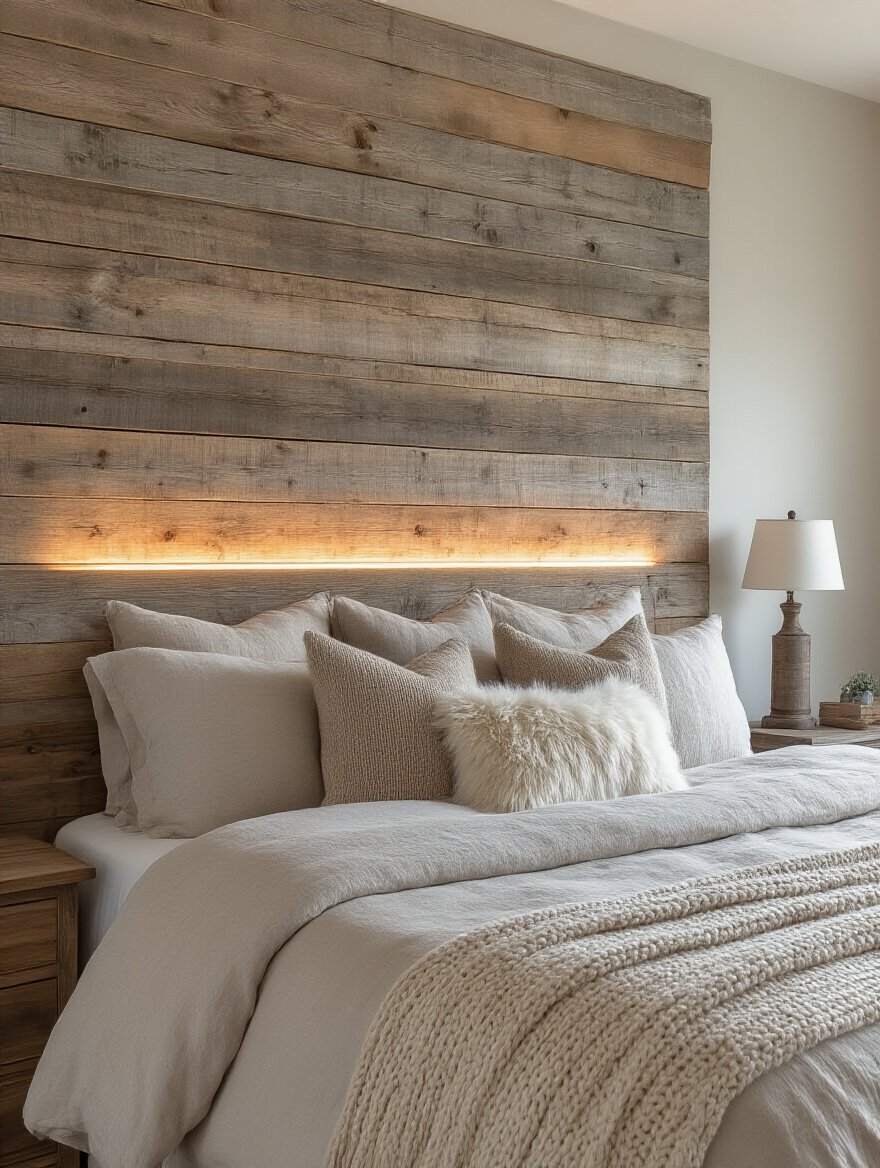 Farmhouse bedroom with a reclaimed wood headboard as a statement anchor, featuring rustic textures and warm ambient lighting