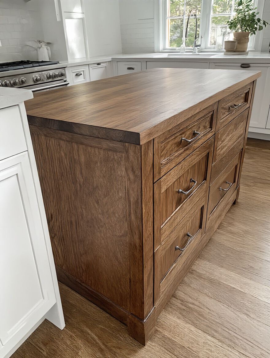 Kitchen island with rich wood stain against white cabinetry