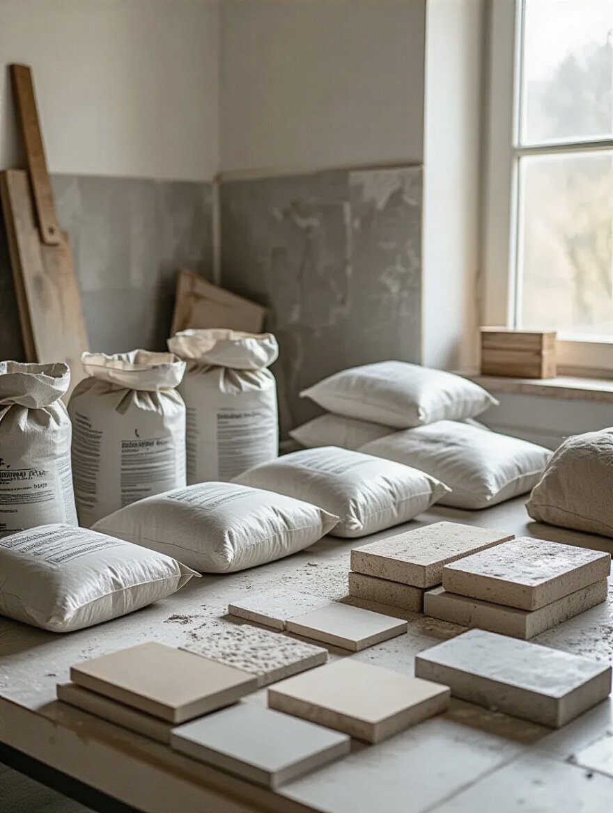 Professional photo of various mortar types and tile materials organized in a workspace.