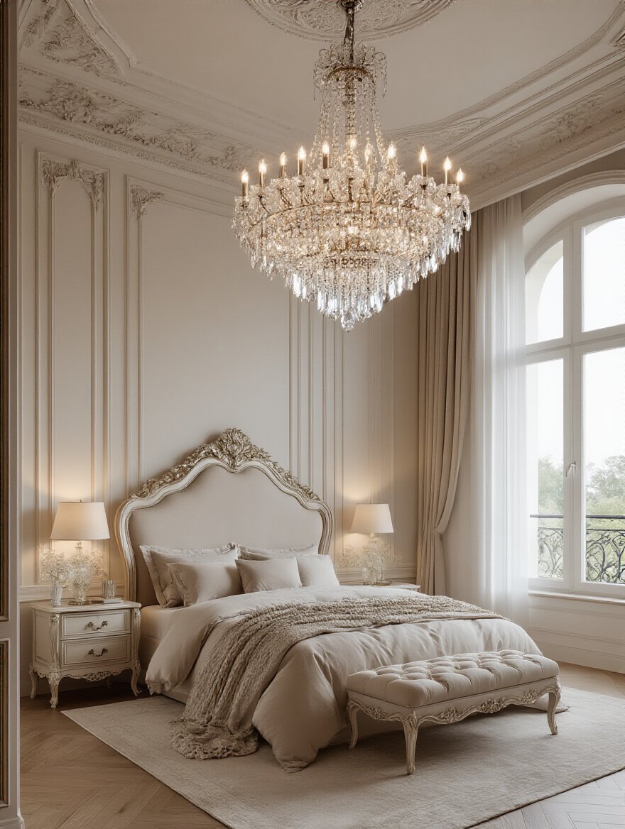 Luxurious bedroom with a grand multi-tiered crystal chandelier hanging from a high ceiling, creating an elegant and opulent ambiance