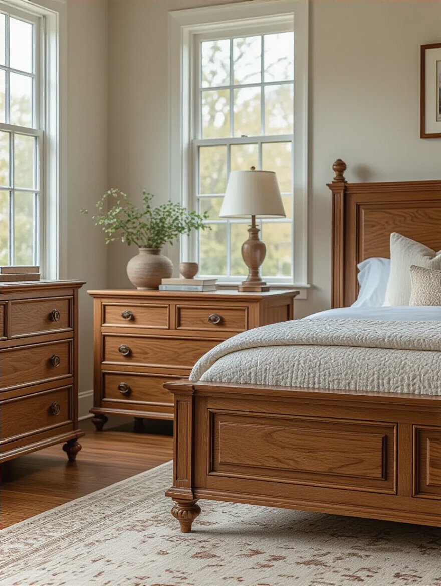 Luxurious bedroom with high-quality, durable solid wood furniture including bed, dresser, and nightstand in natural lighting