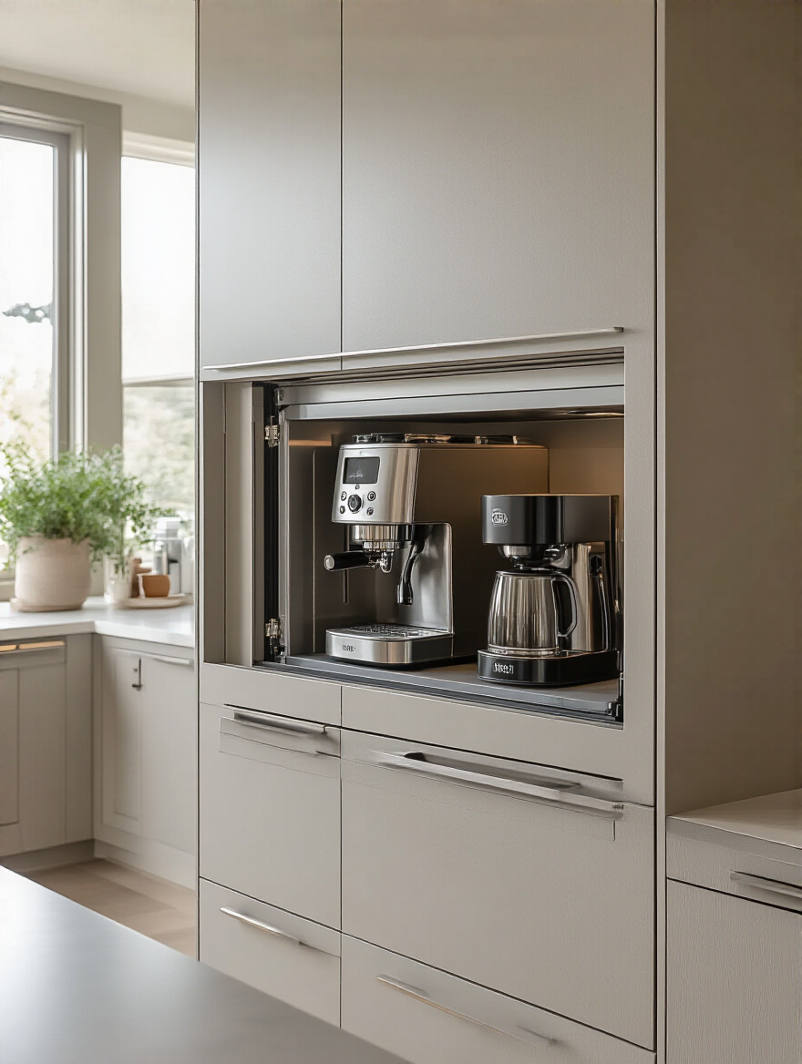 Modern kitchen with concealed small appliances and clear countertops