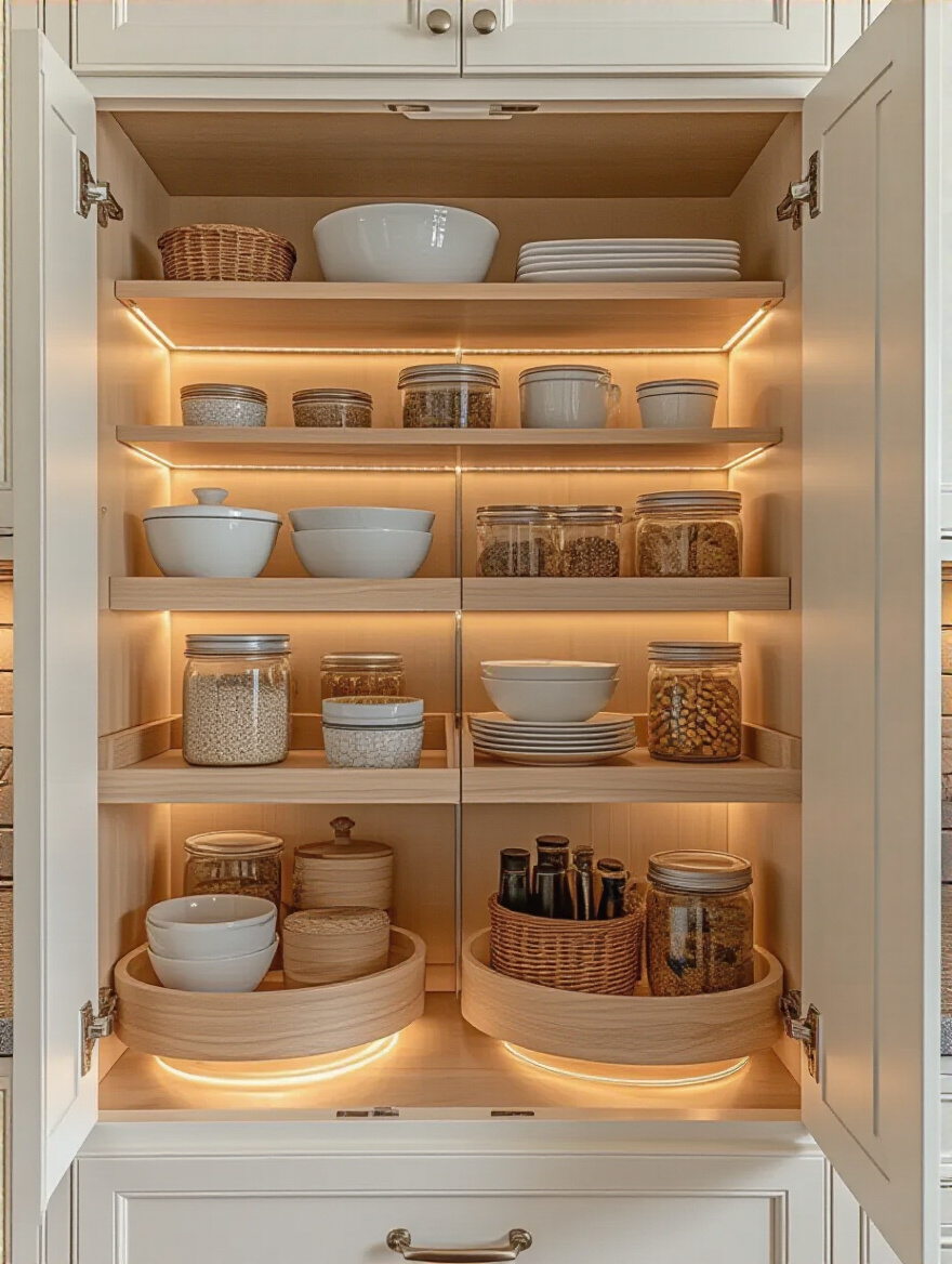 Organized kitchen corner cabinet with hidden storage solutions