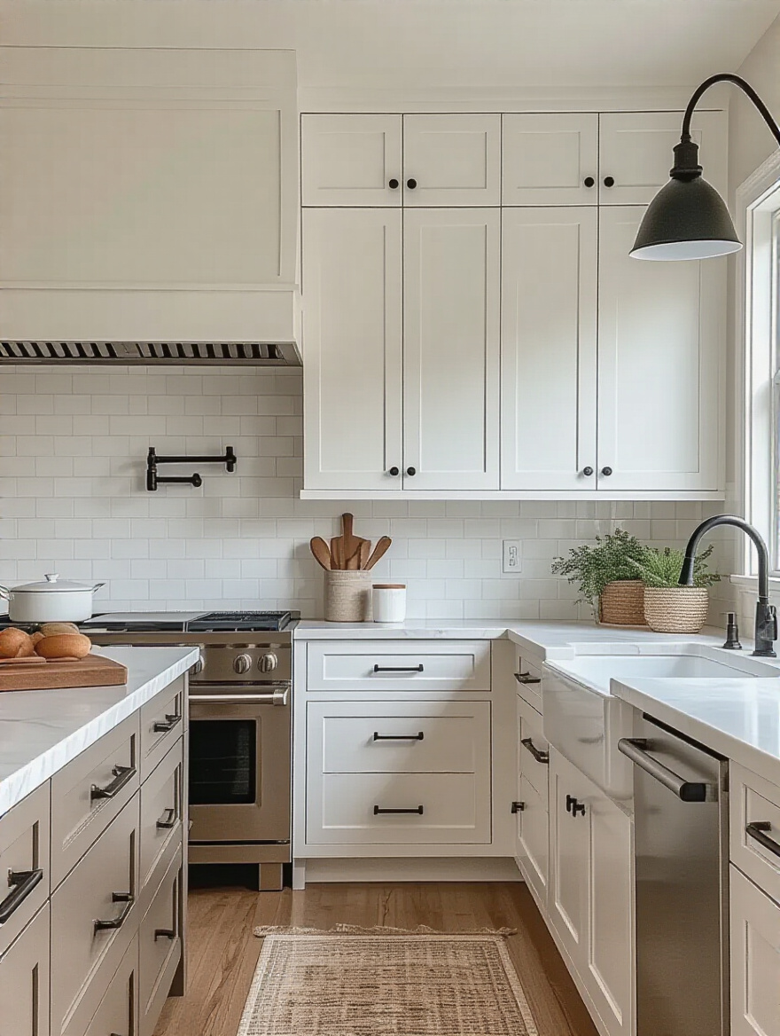 Modern kitchen with refaced cabinets featuring shaker-style doors and matte black hardware.