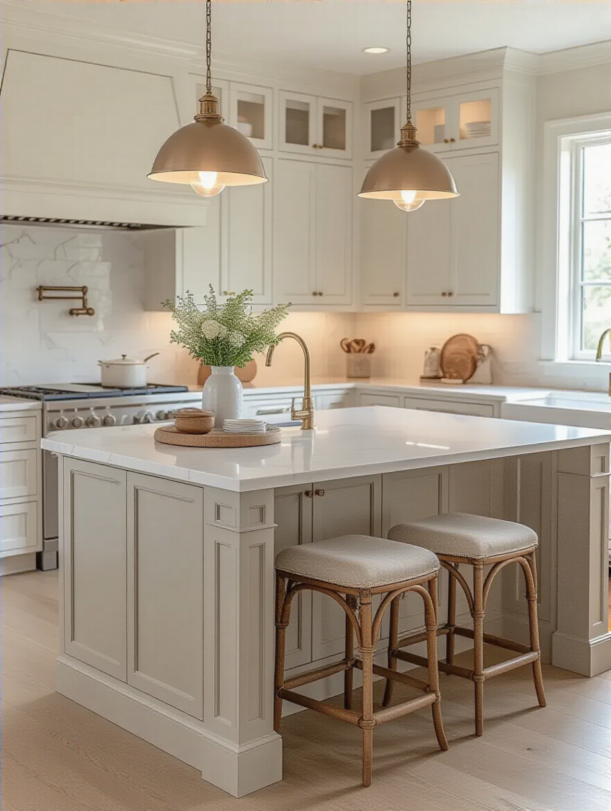 A harmonious kitchen showcasing a white cabinetry and thoughtfully chosen kitchen island color.