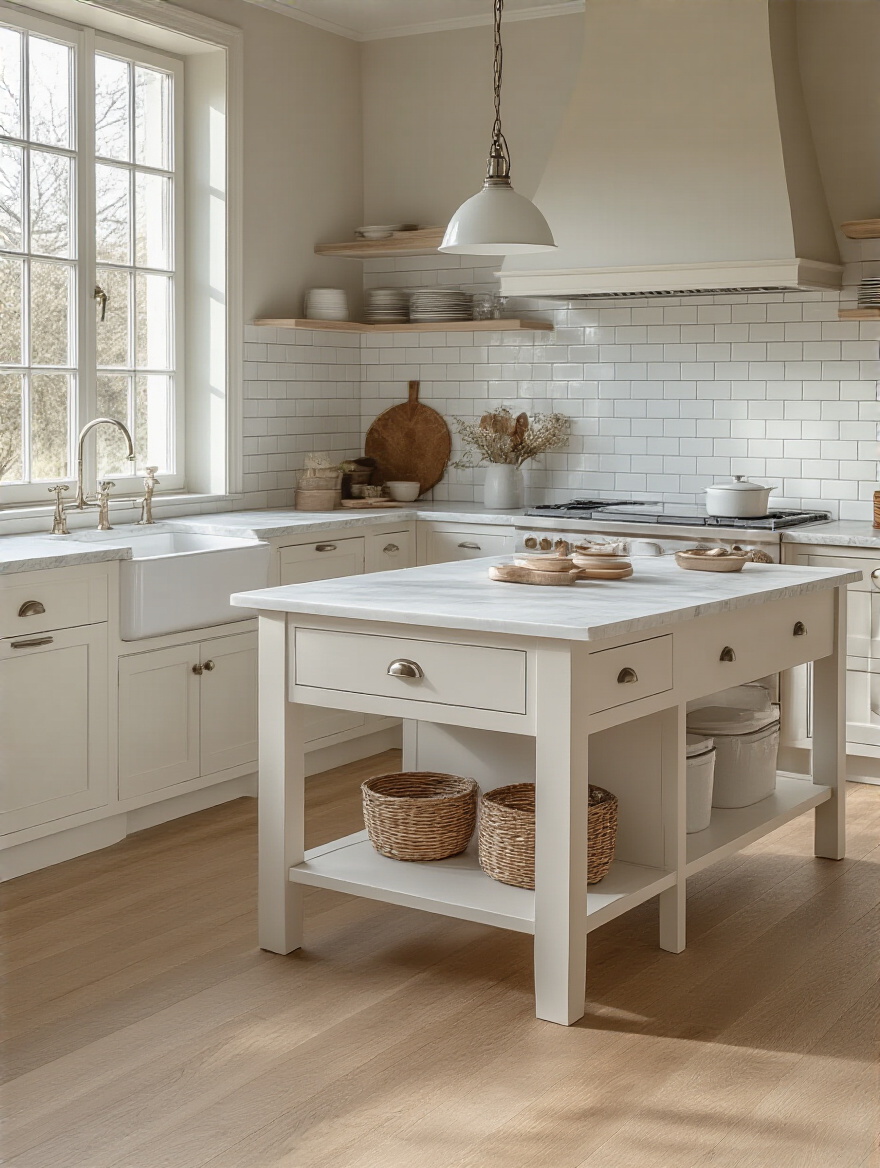 A white kitchen with a white island, natural oak hardwood floor, and white subway tile backsplash.