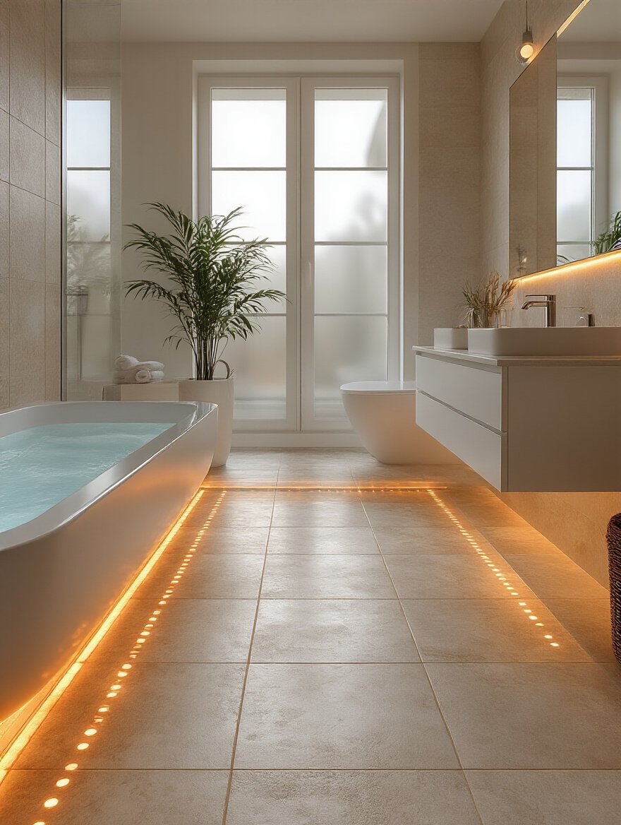 Luxurious bathroom with underfloor heating and elegant floor tiles