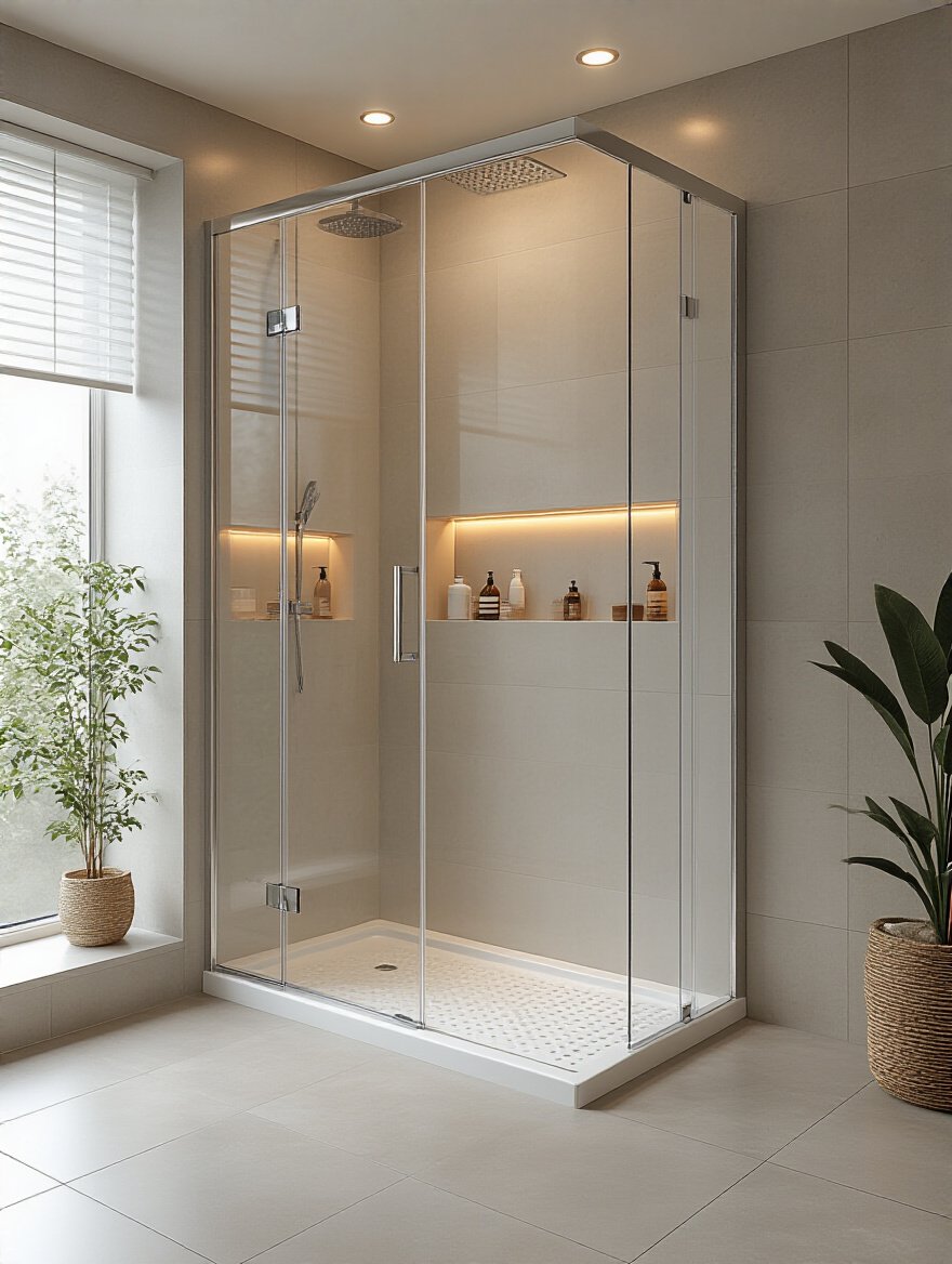 Prefabricated acrylic shower insert in a modern bathroom with seamless panels and integrated shelving