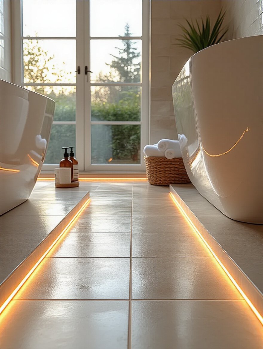 Modern bathroom floor with underfloor heating beneath porcelain tiles, warmly lit and inviting