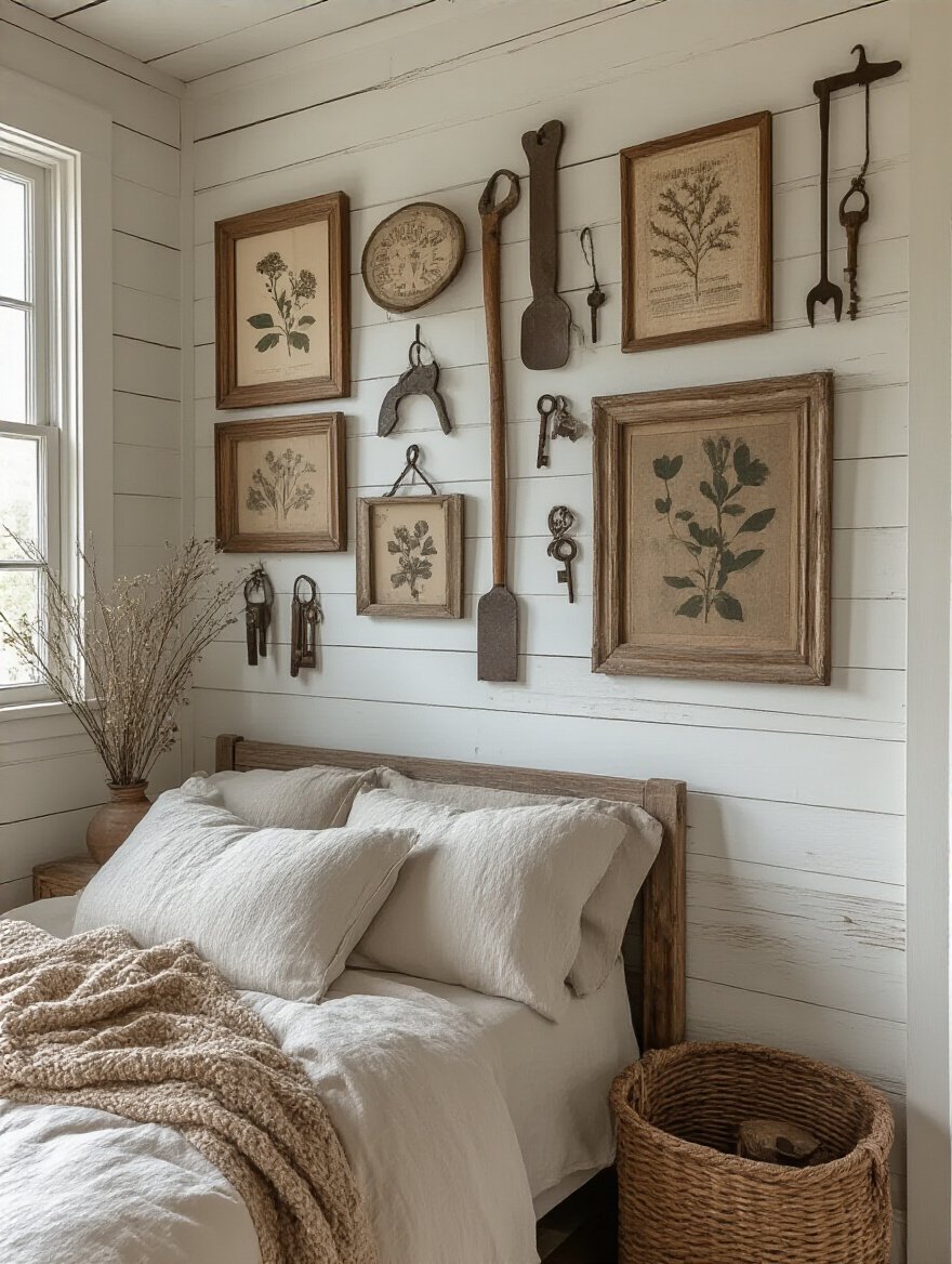 Portrait image of a farmhouse bedroom wall featuring a curated gallery wall made with vintage found objects and rustic decor