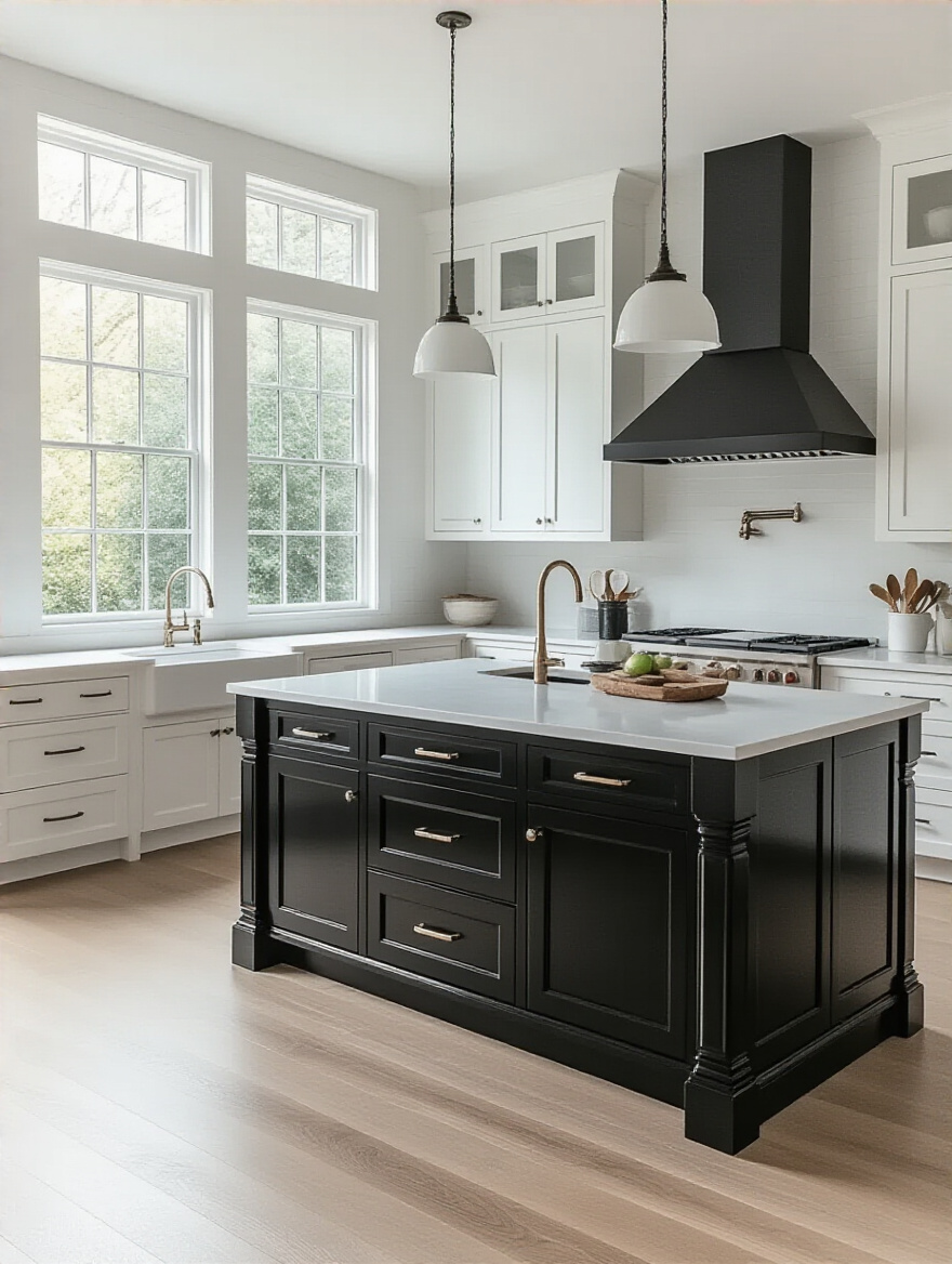 Black kitchen island contrasting with white cabinetry in a modern kitchen design.