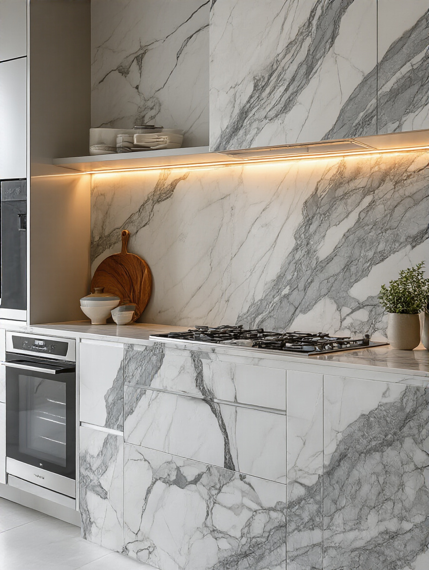 Contemporary kitchen with a large-format Arabescato Corchia marble backsplash creating a striking visual statement