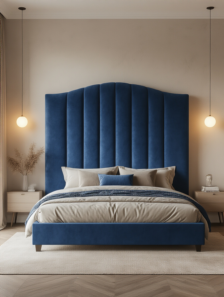 Stylish bedroom with oversized sapphire blue headboard as focal point