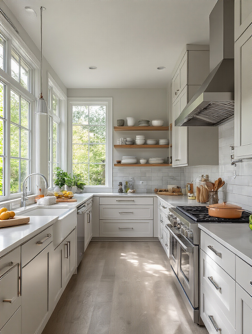 Modern kitchen with defined zones for cooking, prepping, and cleaning, showcasing cohesive flow and organization.