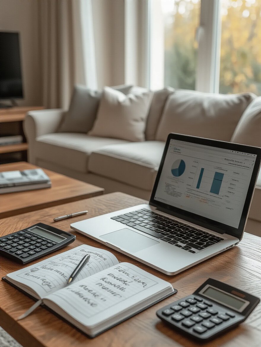 Modern living room corner with home office desk showing furniture budget planner and calculator under warm natural light