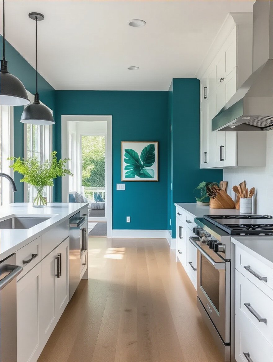 Modern kitchen featuring a bold teal accent wall as a striking focal point with white cabinets and stainless steel appliances